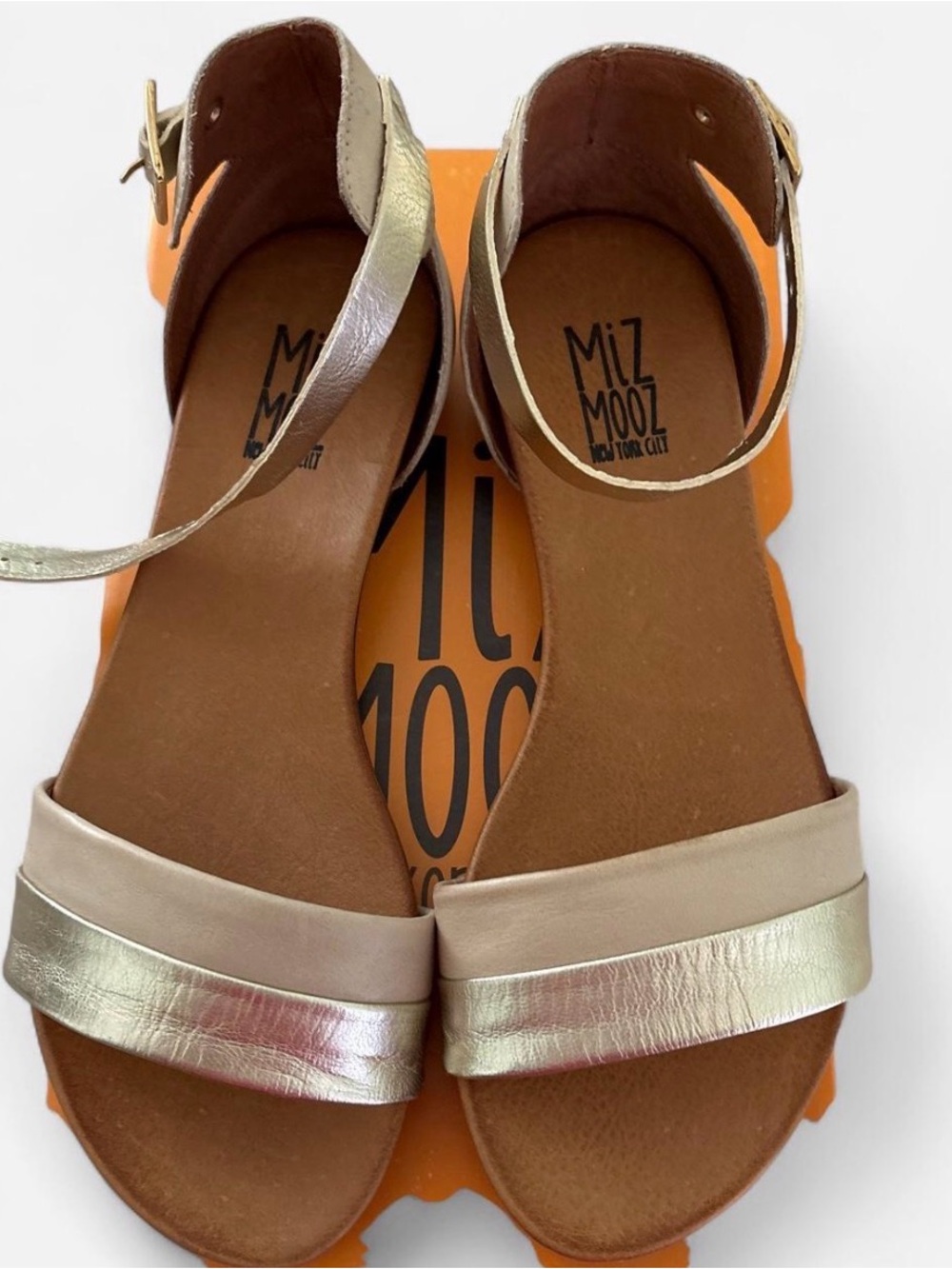 Miz Mooz Gold and Tan Ankle-Strap Sandals